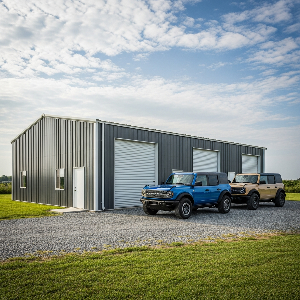 30x50 steel building with roll-up doors and Ford Broncos
